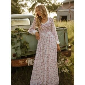 1970’s Vintage Floral Prairie Maxi Dress W/Smocked Bodice Fairy Cottagecore XS